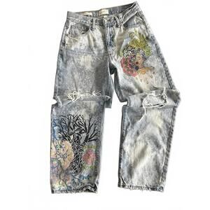 Women's Artistic Hand-Painted Distressed Acid Wash Jeans | Size 4